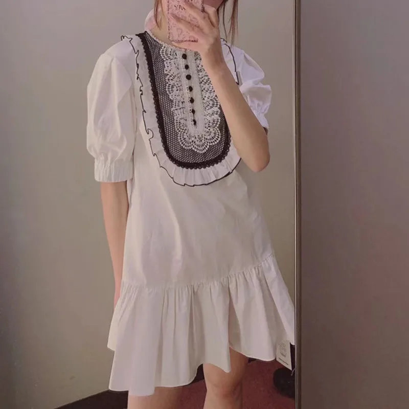 

DEAT Women White Patchwork Ruffles Single Breasted Folds Dress New Round Neck Short Sleeve Slim Fashion Tide Summer 2021 7E3903