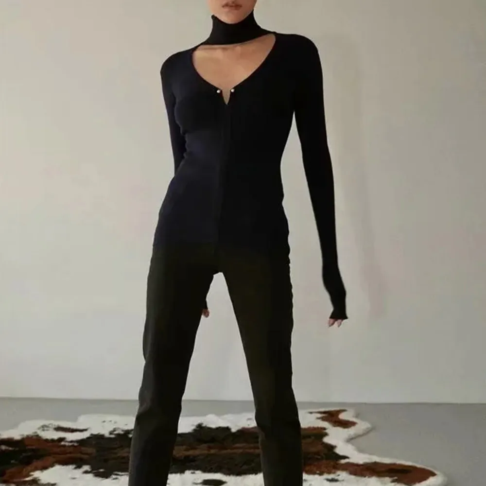 

2020 New Arrival High Collar Hollow Design Female Tshirts Spring Solid Women Cropped Long Sleeve Sexy Tops Chic Slim Pullovers