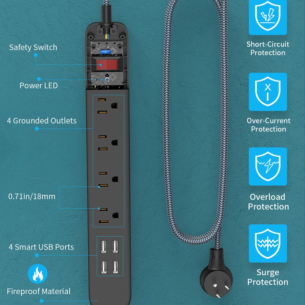 NTON POWER US Power Strip Plug черная плетеная проволока Защита от перенапряжения розетка