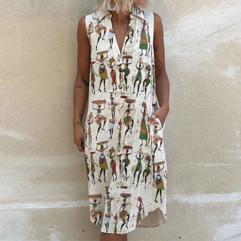 Женское свободное платье без рукавов повседневное пляжное трапеция с V образным