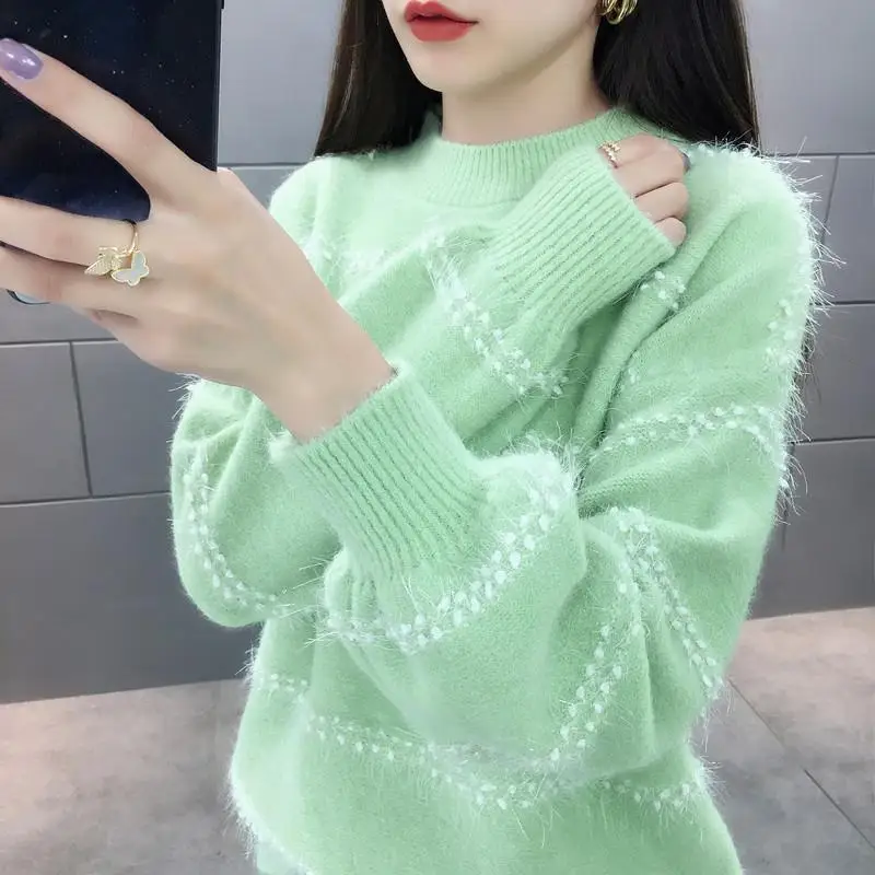 

Women Sweater Pullover Autumn Winter Korean Loose O-Neck Flocking Tops Jumper Knitwear Plus Velvet Warm TopsTT0430