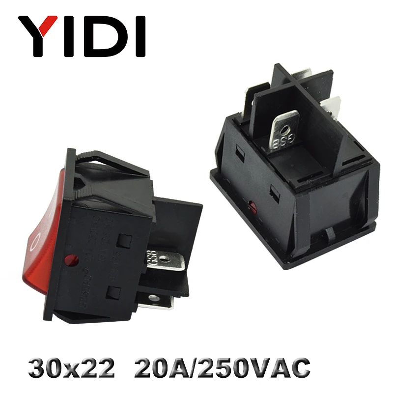 KCD4-201 30x22 30A 250VAC сверхмощный KCD4 кулисный переключатель 20A 250VAC DPST вкл. Выкл. Фиксация 12V 220V красный зеленый синий светодиодный с подсветкой