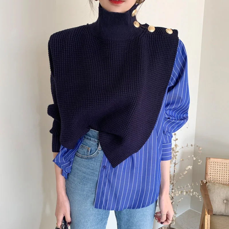 

Women Autumn New Sweaters Striped Panelled Patchwork Turtleneck Sweater Chic Side Buttons Fake Two-piece Female Pullovers PL419