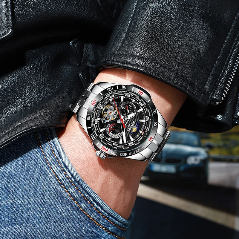

BOYZHE Fashion Watch Swiss Mechanical Watch Solid Stainless Steel Strap Hollow Star Fashion Sports Men's Watch