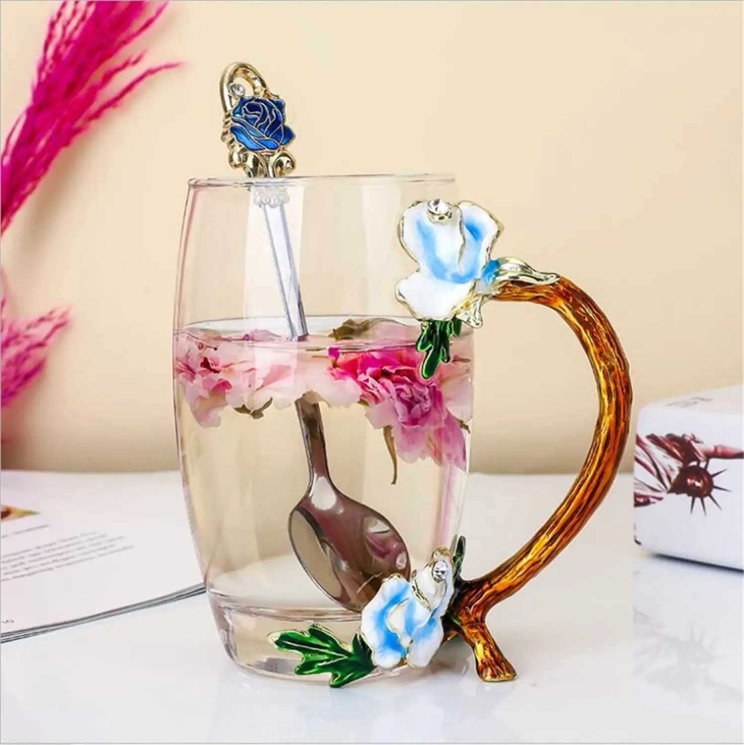 

Elegant Rose Enamel Cup Flower Tea Cup Heat-resistant Glass Office Coffee Cup Juice Drinking Tea Cup Mug Wedding Birthday Gifts