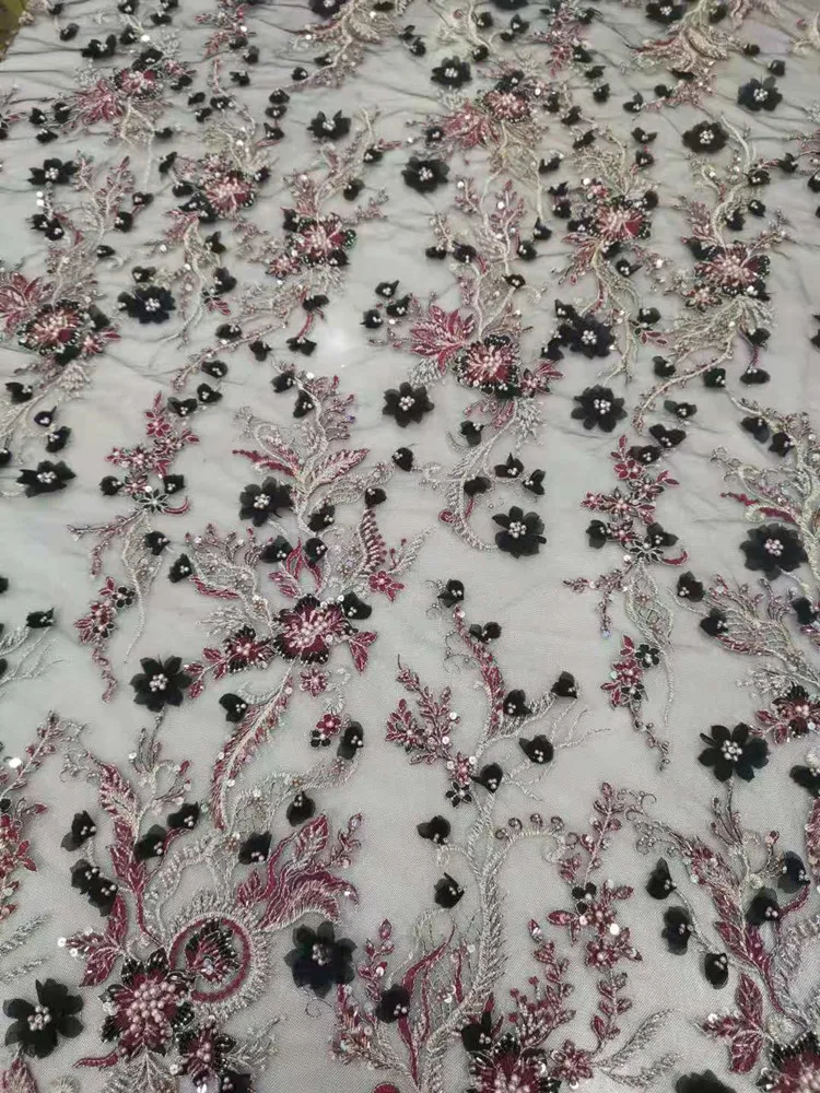 High quality handmade3D flowers+ beads embroidery fabric French mesh yarn African fabric party dress evening dress 5yards