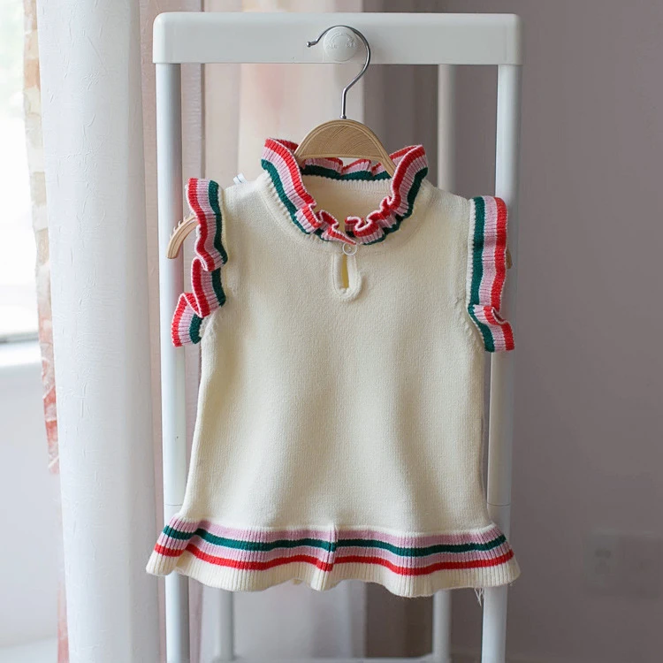 Трикотажный свитер для девочек с рюшами без рукавов на осень/весну/зиму | Мать и