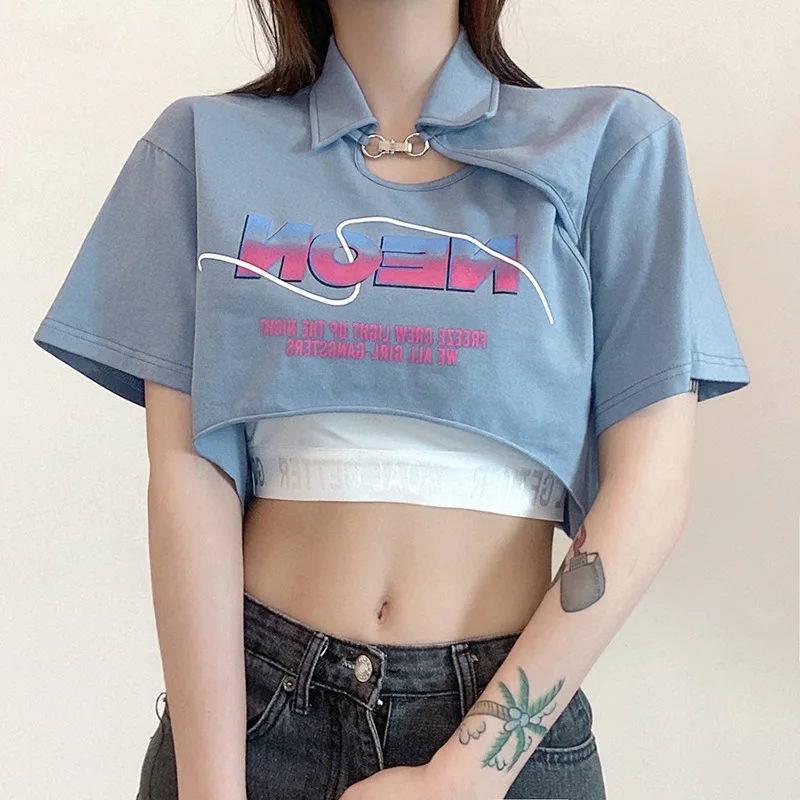

2021 Fashion Y2k Women Solid Color Bottoming Vest Lapel Hollow Two-piece T-shirt Crop Top Kawaii Harajuku Streetwear Women Top