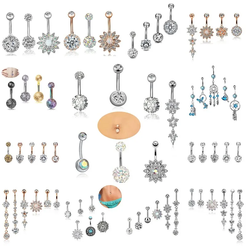 

2/4/5/6/7Pcs/Set Sexy Crystal Belly Button Ring flower Belly Piercing Dangle Flower Navel Piercing Navel Bar Cute Belly Ring