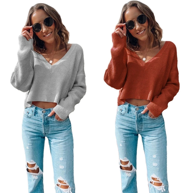 

Women Solid Color Casual Long Sleeve Waffle Knitted Sweater Loose Fit V Neck Pullover Jumper Tops Streetwear