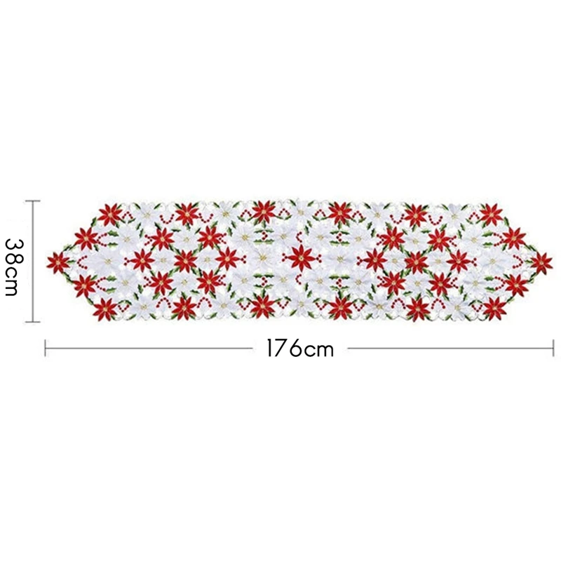 

Christmas Embroidered Table Runner Luxury Poinsettia and Holly Table Runner for Xmas Decorations15X69 Inch White