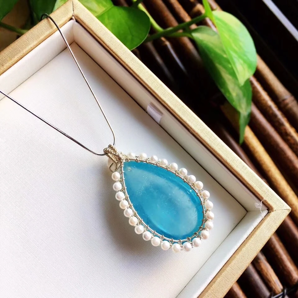 

Natural Blue Aquamarine Women Man Clear Bead Pendant 39x23x12mm 18K Gold Water Drop Gift Ice Fashion Stone Necklace Certifiate