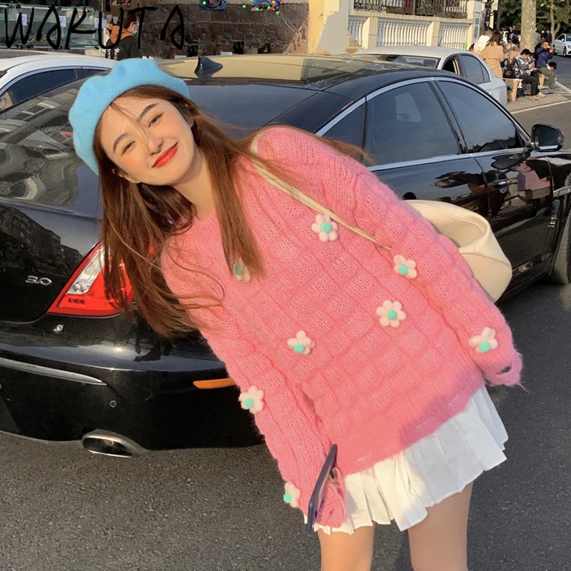 Милый Элегантный цветочный розовый и белый пуловер WAKUTA свитеры для девочек в