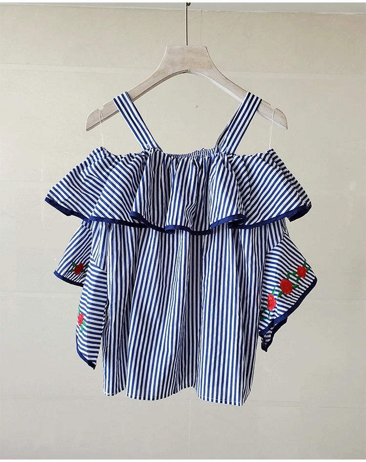 

Summer New Sweet Striped Embroidery Flowers Letters Patchwork Color Slash Neck Off The Shoulder Spaghetti Strap Women Shirts