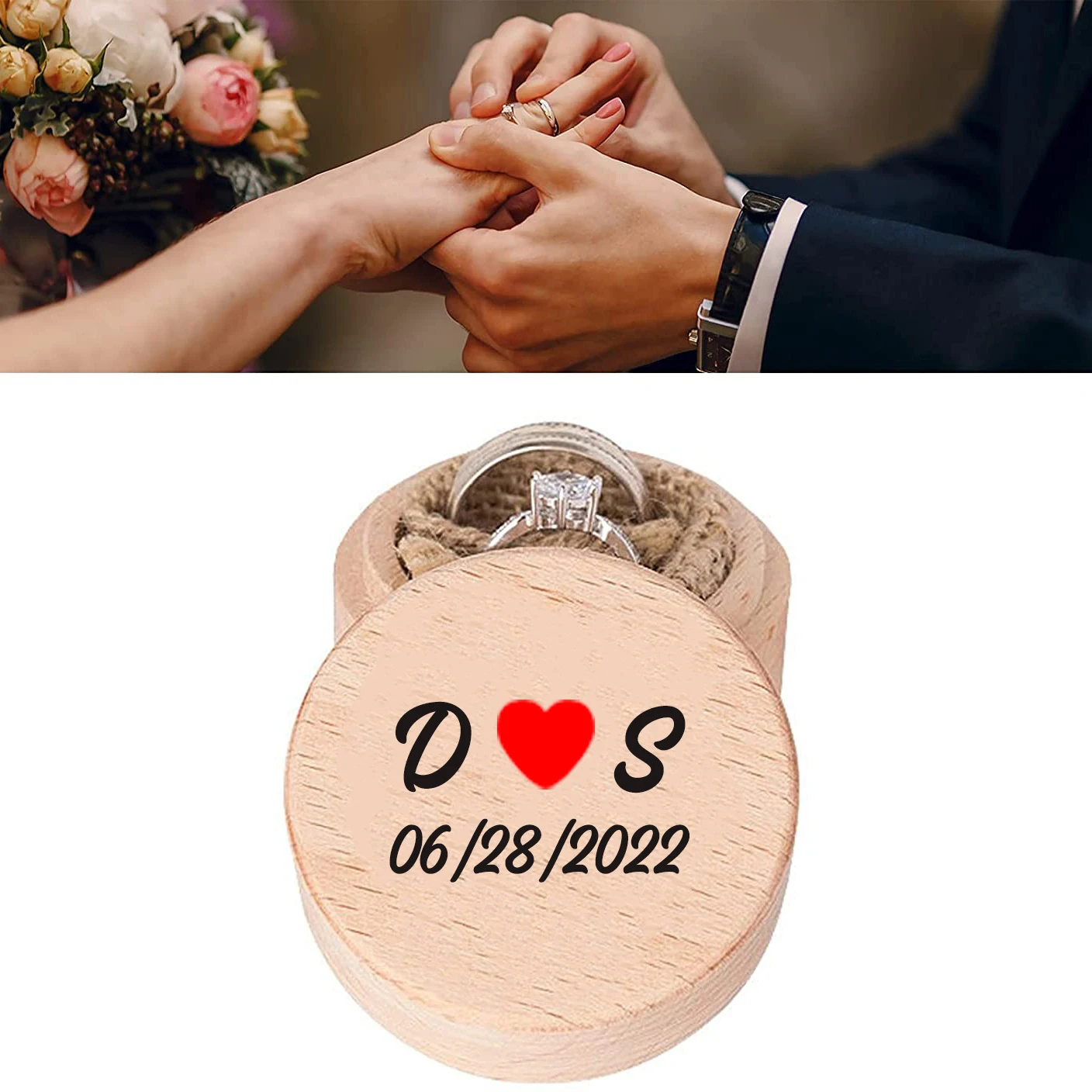 

Personalized Custom Round Rustic Wooden Engagement Jewelry Ring Display Bearer Box Holder with Name for Wedding Ceremony Gift