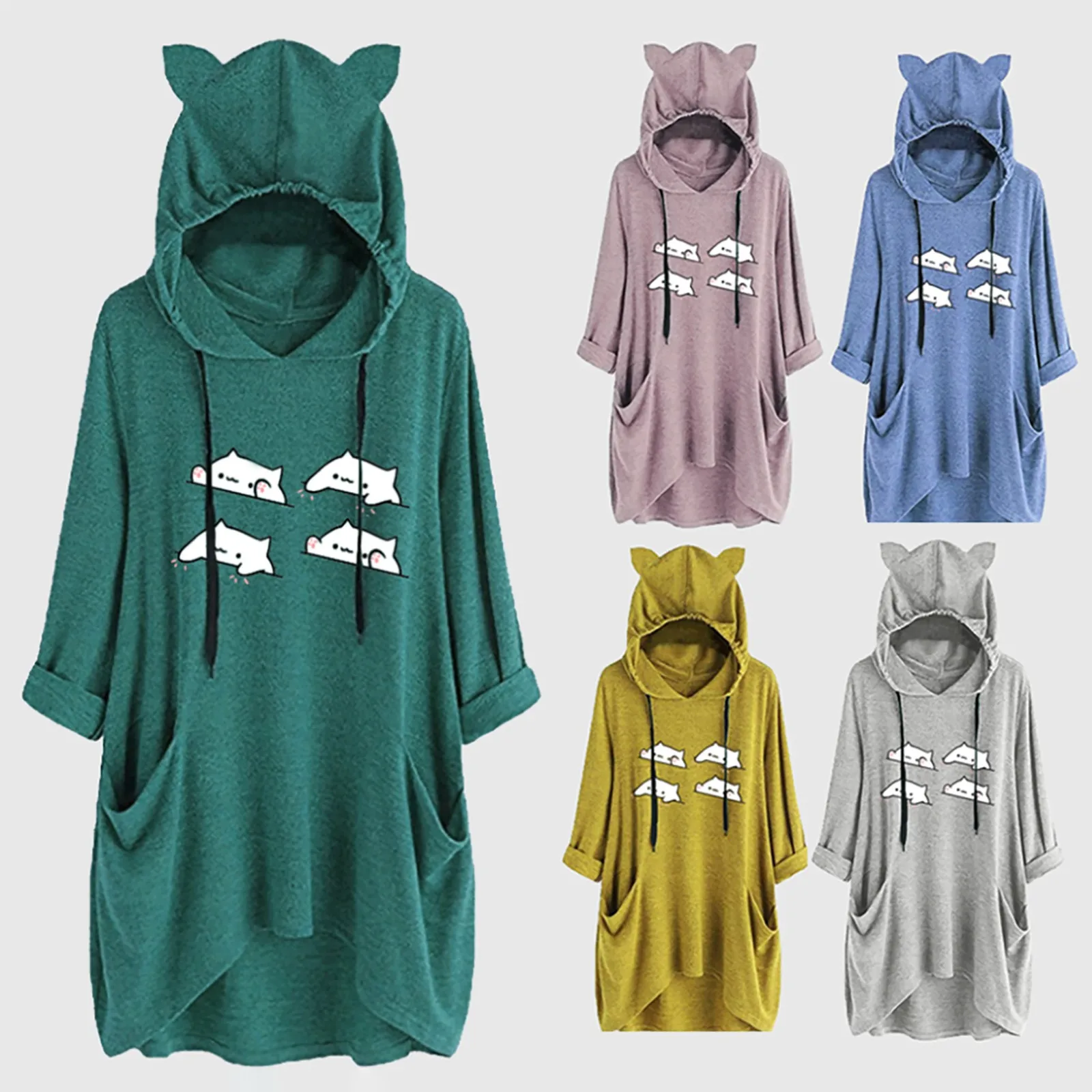 

New Women Cute Printed Hoodies Girls Cat Ear Style Crop Tops Printed Sweatshirt Female Mid-length Streetwear Pullover 810#Q