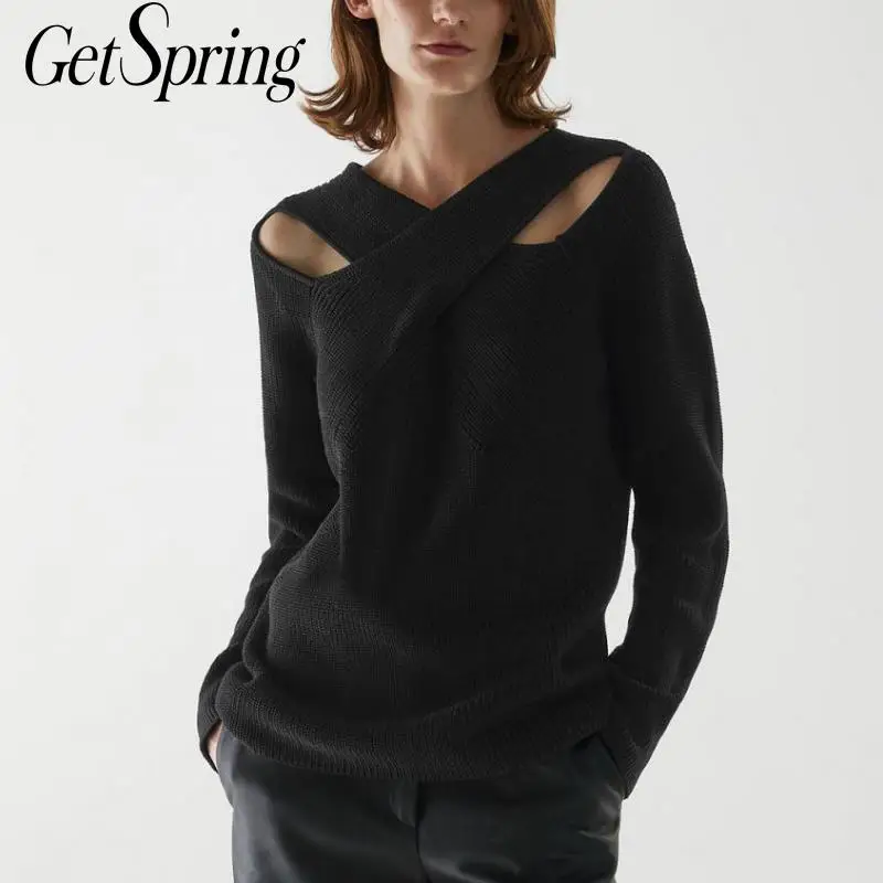 

Getspring Women Sweater V-neck Hollow Out Black Women Sweaters Pullovers Woman Sexy Casual Black Knit Sweaters Women 2020 New