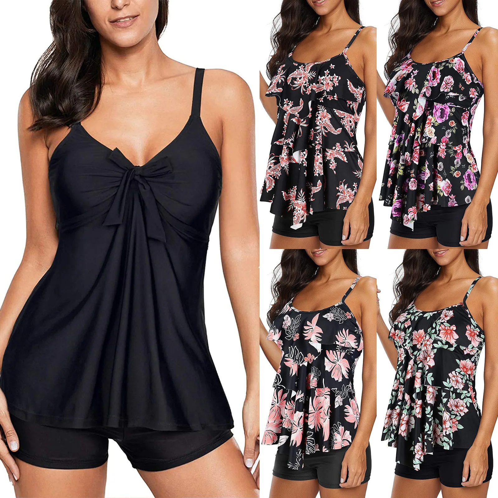 Летнее платье размера плюс танкини женские купальники с шортами модный галстук