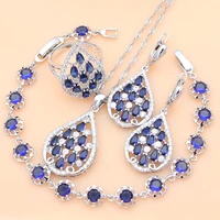 graceful silver 925 bridal jewelry sets blue sapphire stone white topaz bracelet necklace set for women party dropshipping