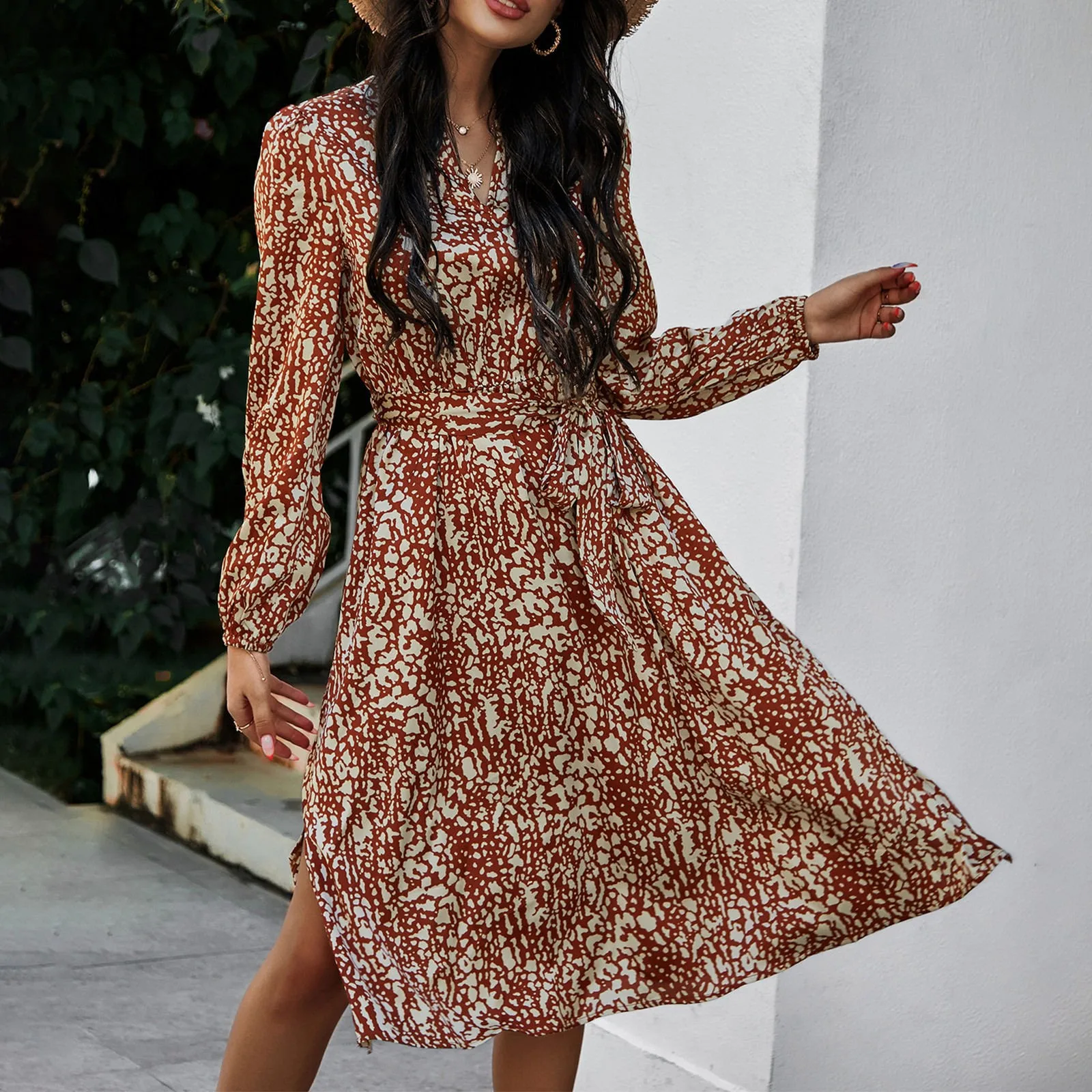 

V-Neck long sleeve high waist lace up Vintage Print Dress summer commuter elegant intellectual slim split knee dress