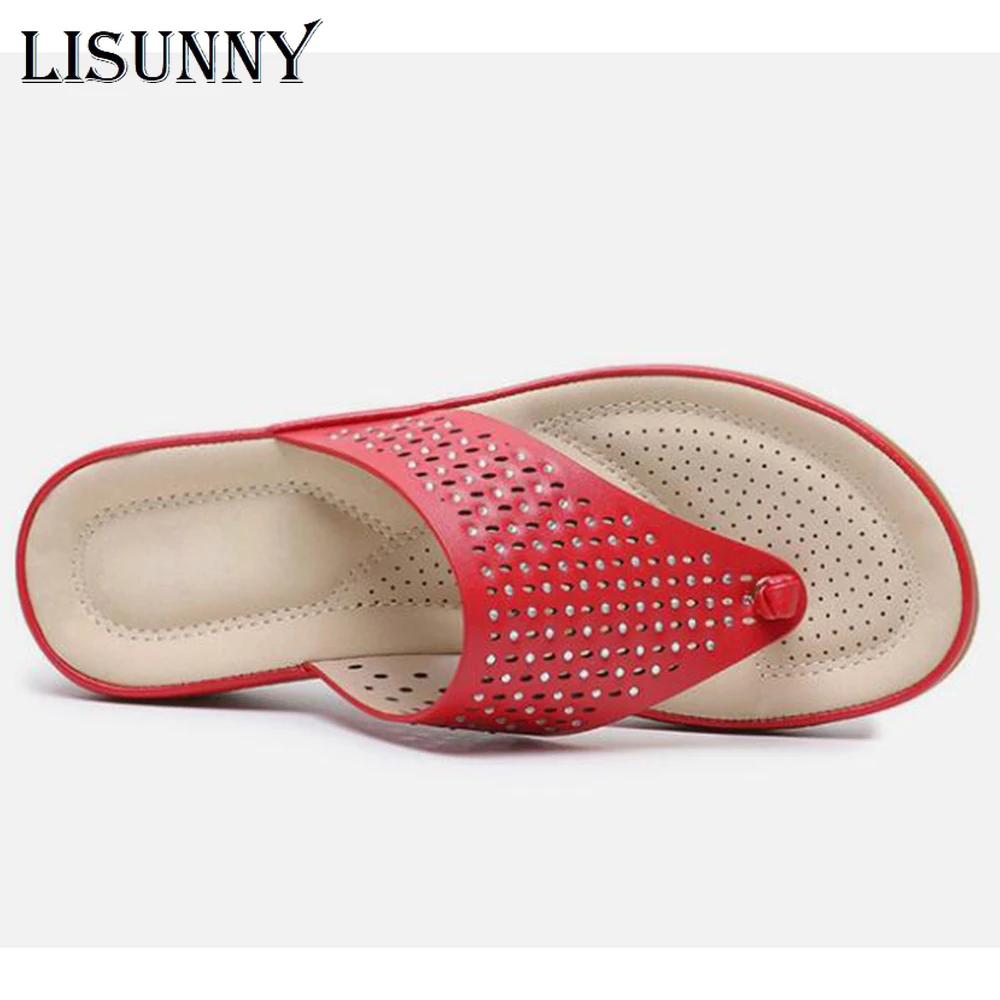 LISUNNY New summer sandals women thongs open toe rhinestones hollow woman beach shoes casual flat ladies stitching slippers | Обувь