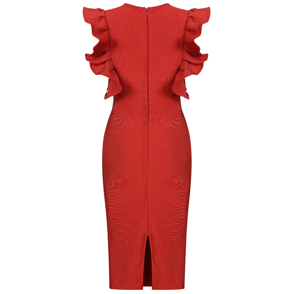 

2021 Summer Women's New Red Black Ruffled Sleeveless Deep V-Neck Split Rayon Bandage Dress Elegant Sexy Party Bodycon Dress