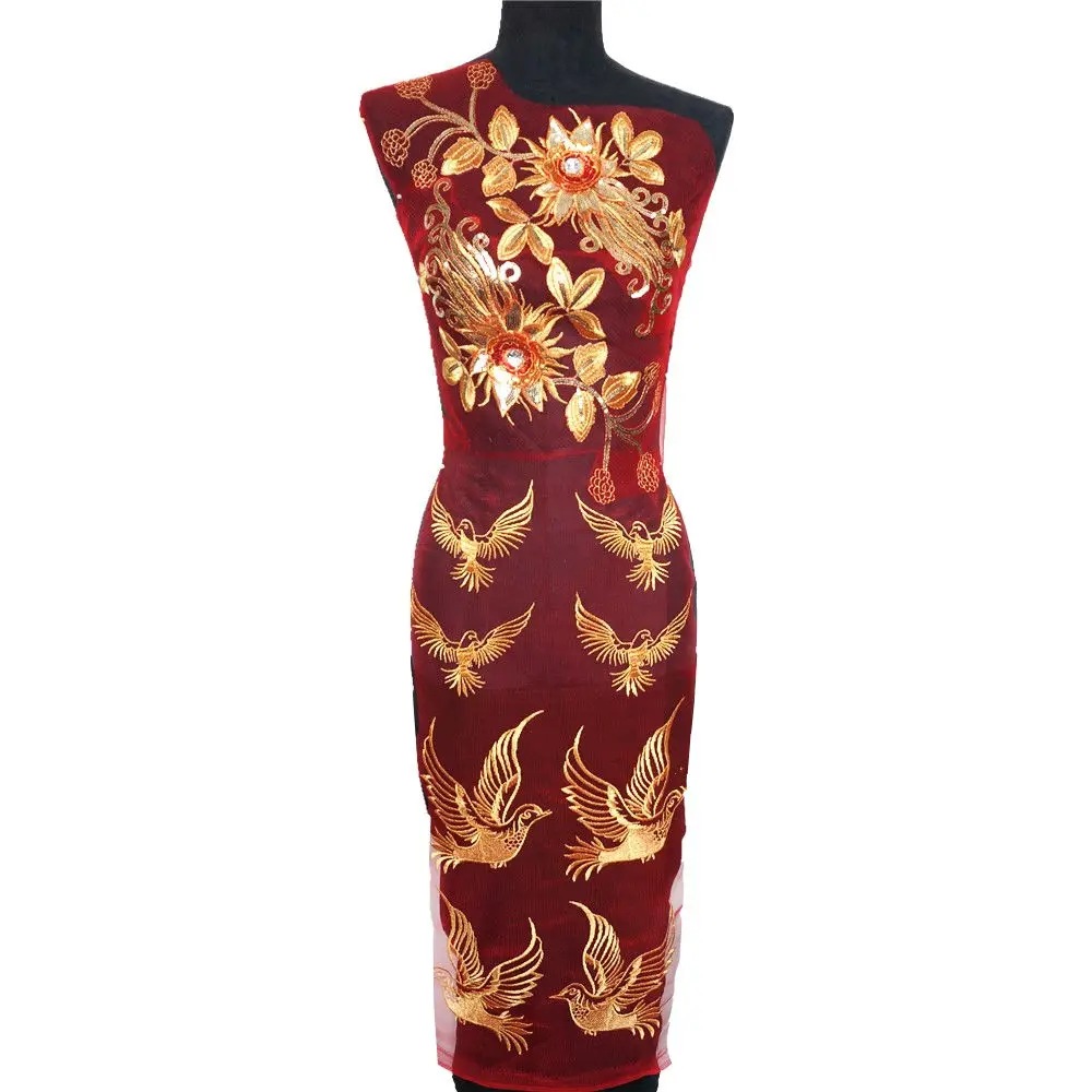 1 комплект золотой цветок птицы кружевная ткань блесток красная сетка вышитое