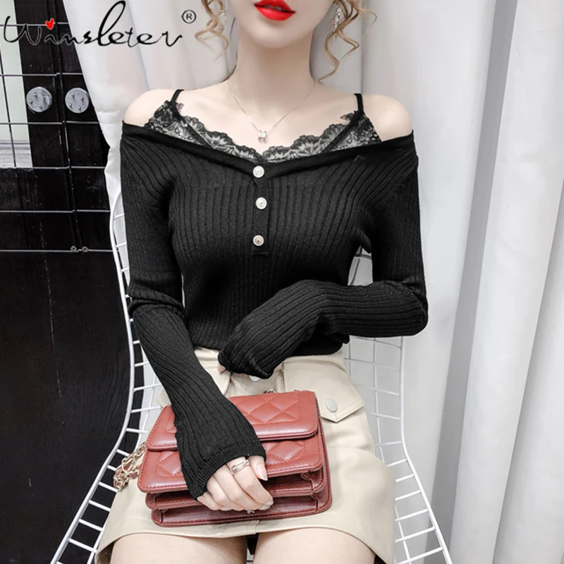 

Женский кружевной свитер с длинными рукавами, трикотажный пуловер с имитацией двух частей, весна-осень 2020, T00704A