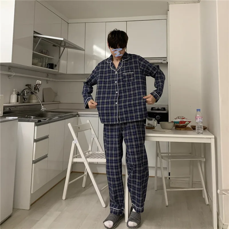 

korean style checkered pajamas set simple home set suit spring women casual couple pyjamas blue pim plaid pjs sleepwear L284