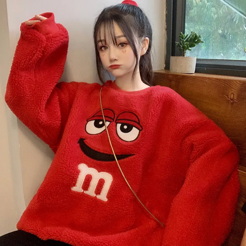 [EWQ] Autumn New Thickening Keep Warm Pullovers Knit Tops Full Sleeve Plus Size Smile Lamb Fur Winter Lady Sweatshirt QL556