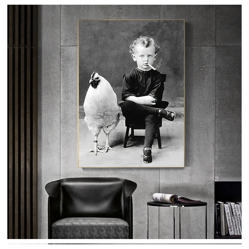 

Funny Boy Smoking With His Chicken Pet Antique Portrait Art Canvas Painting Wall Art Decor Vintage Photography Style Poster