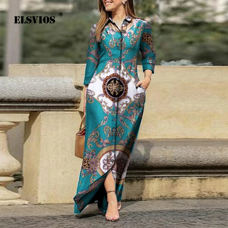 

Женское платье-рубашка с длинным рукавом, с отложным воротником и пуговицами