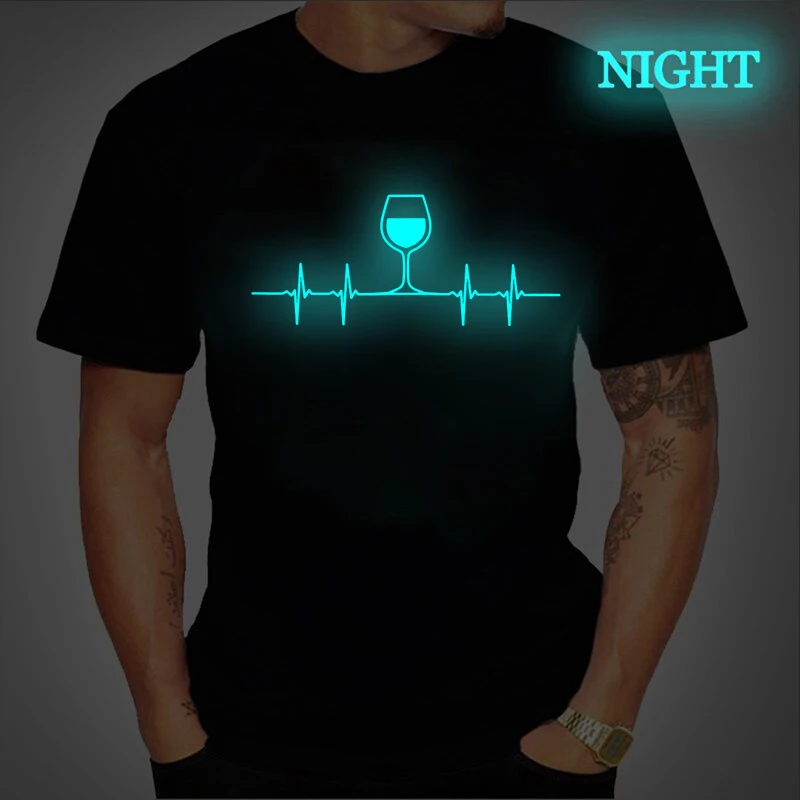 

Funny Wine Heartbeat Print T-shirt Men T Shirt Luminous Graphic Tee Tops Summer O-Neck Male Tshirt Oversized Female Streetwear