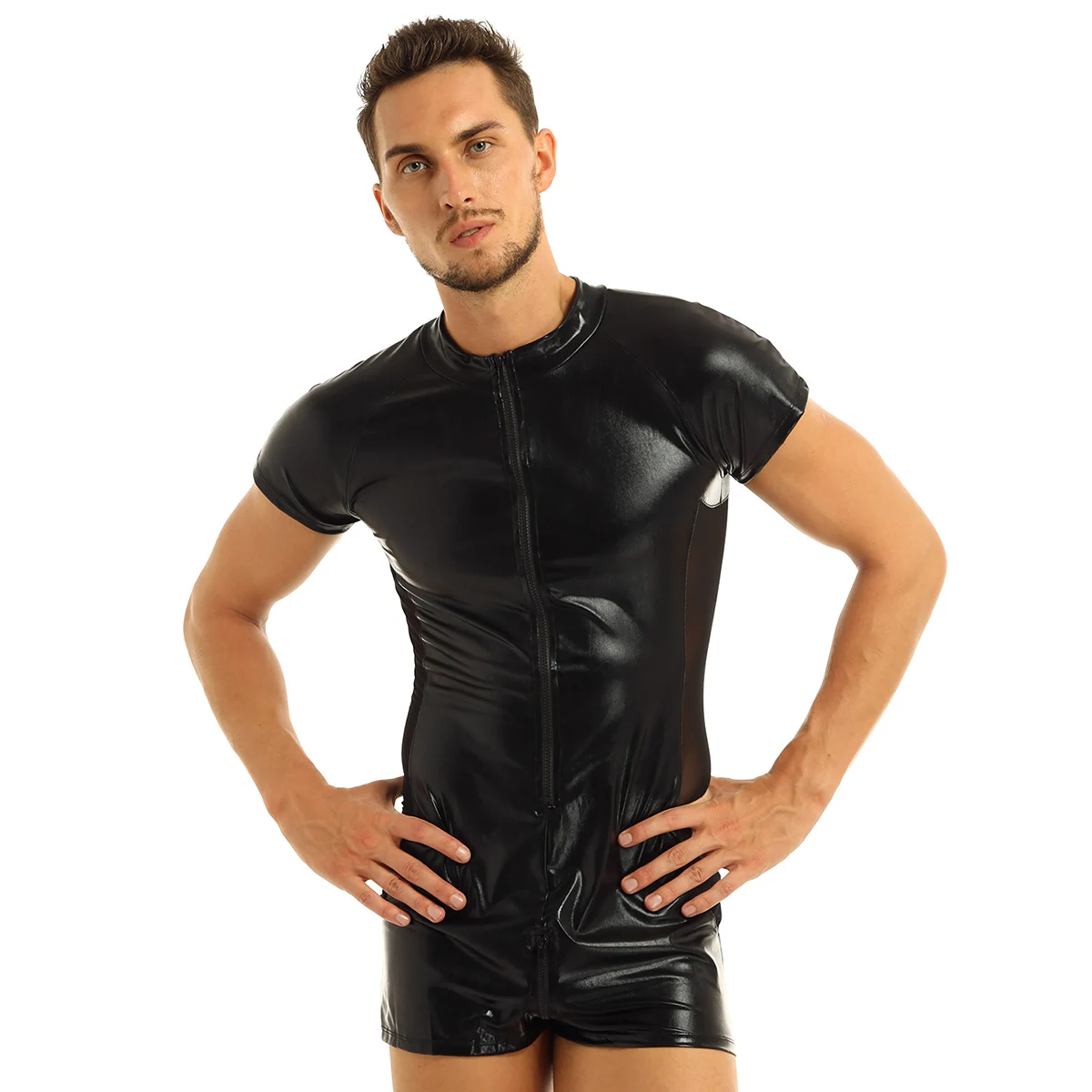 

iEFiEL Fashion Black Male Mens Patent Leather Short Sleeves Front Zipper One-piece Leotard Bodysuit Jumpsuit with Mesh Side