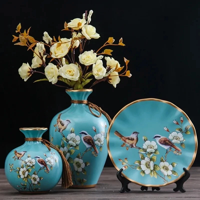 3Pcs/Set European Ceramic Vase Dried Flowers Flower Arrangement Wobble Plate Living Room Entrance Ornaments Home Decorations 4