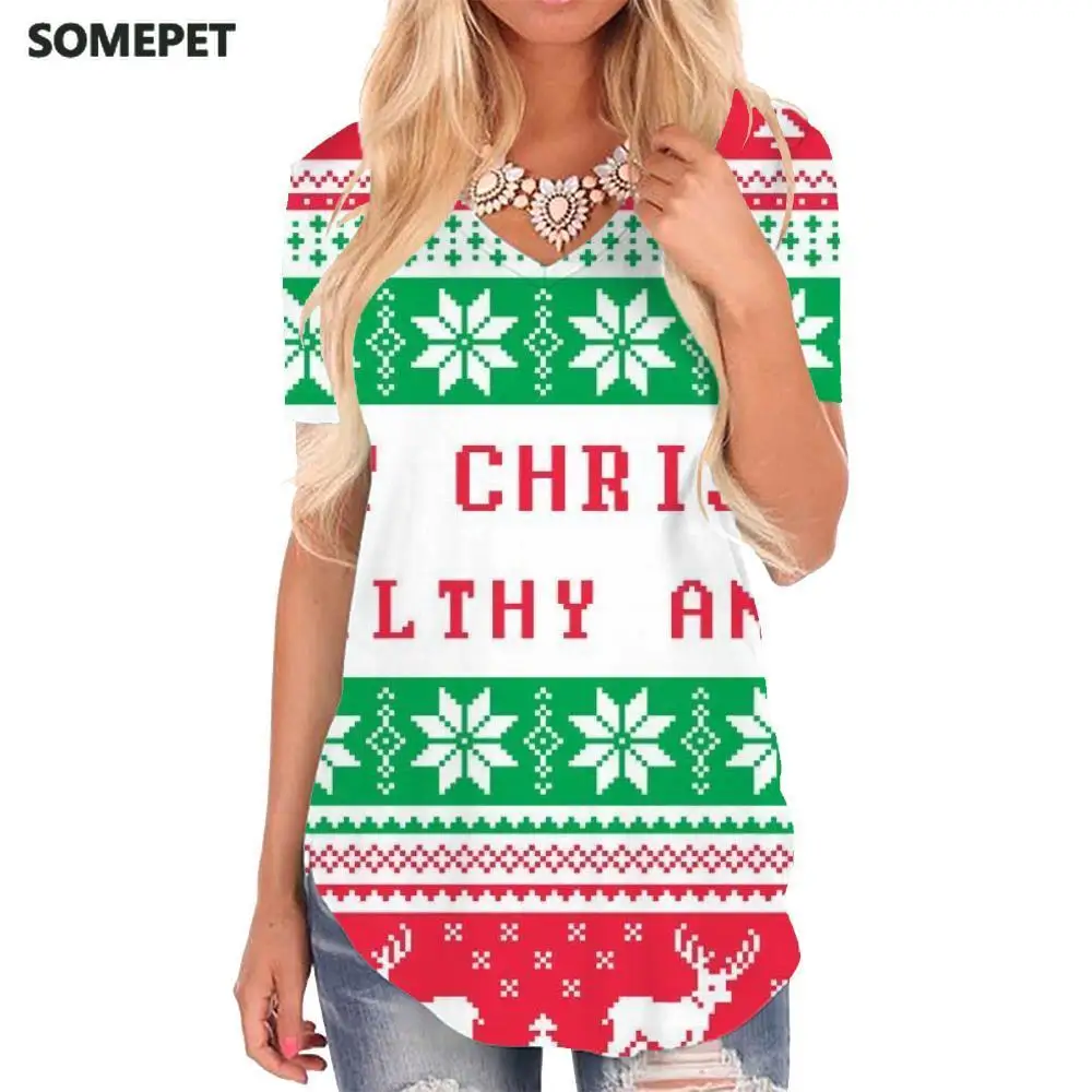 

SOMEPET Christmas T-shirt women New Year V-neck Tshirt Animal Funny T shirts Deer Tshirts Printed Womens Clothing Hip hop Loose