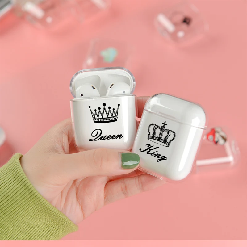Милое воздушное стручки чехол для Apple airpods Чехол класса люкс King queen Корона Bluetooth наушники чехол для Airpods 2 прозрачный жесткий поликарбонатный чехол