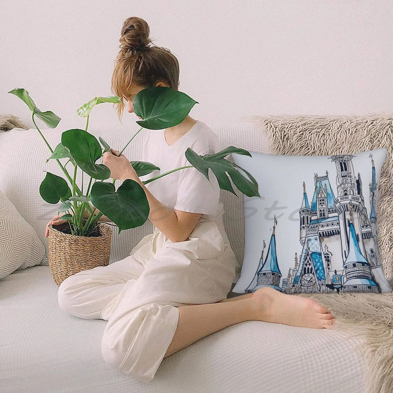 Чехол-наволочка из льняной плюшевой ткани с акварельным принтом и волшебным