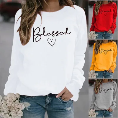 

Women Hoodie Blessed Letter Printed Hoodies Women Fleece Long Sleeve O Neck Loose Sweatshirt Girls Pullovers Winter