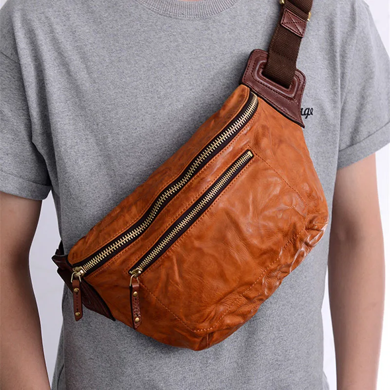 fashion vintage genuine leather men's chest bag high quality cowhide waist packs luxury daily messenger bag belt fanny bag