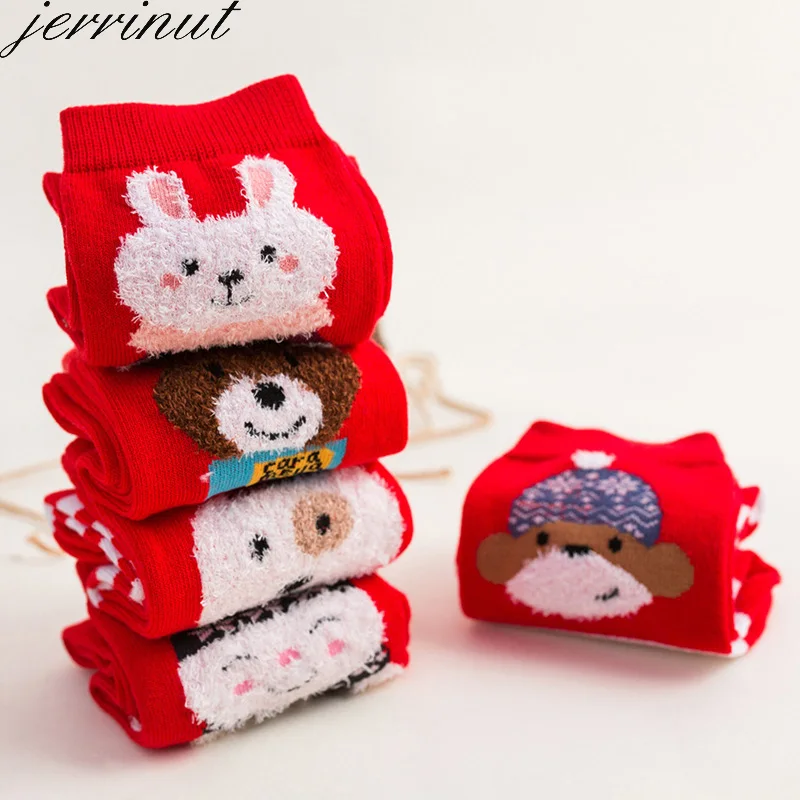 Jerrinut, женские хлопковые Рождественские Носки Happy Red, теплые зимние носки с принтом, милые Мультяшные животные, Модные новогодние носки, 1 пара