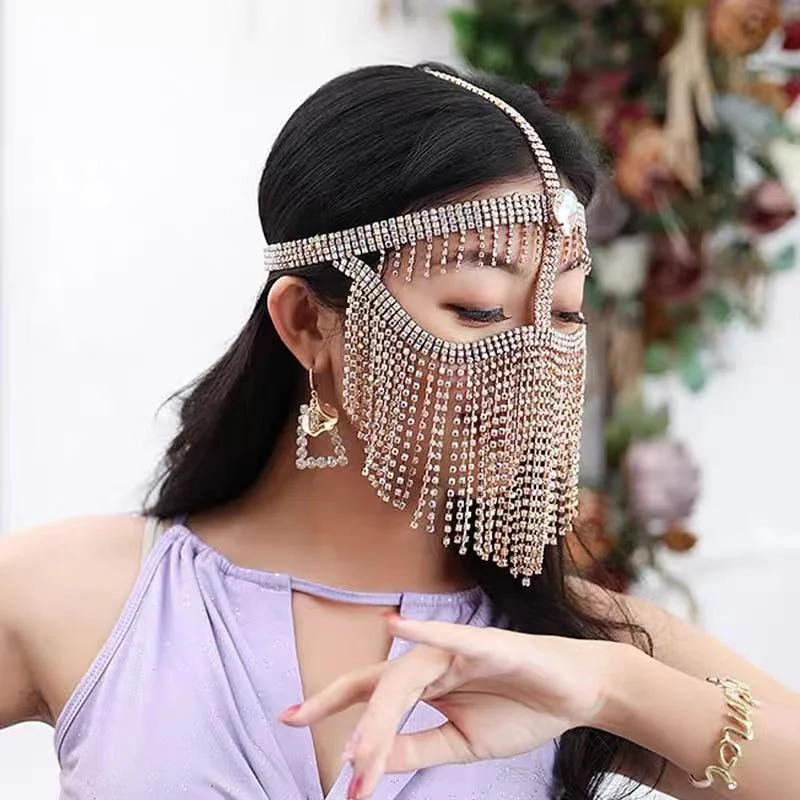

Rhinestone belly dance metal veil mysterious Indian dance mask western region style headwear performance Mask Wholesale
