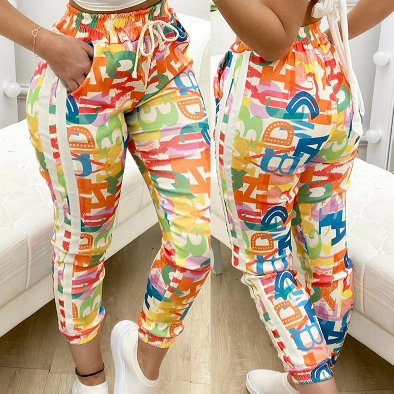 

Mandylandy Women Casual Pants Colored Letter Printed Lace-up Trousers Streetwear Skinny Pencil Pants High Waist Sexy Trousers