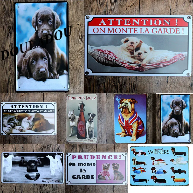 

[Douladou]Cute Smoking Dog Vintage Metal Tin Sign Retro Plaque Poster Pet Store Pet Cat Wall Art Painting Decorative 30*20CM
