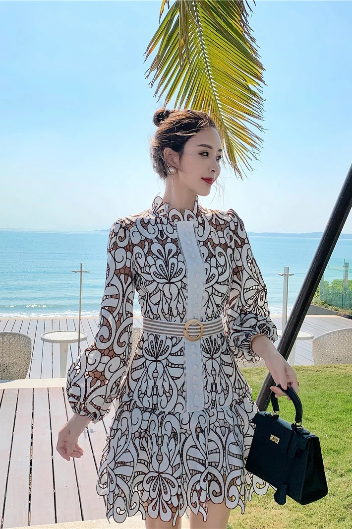 

Wavsiyier Runway Luxury Long Sleeve High Waist Vintage Party A-Line Spring Dresses Women Dress Boho 2021 Autumn Elegant Lace Emb