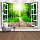 3D окно зеленое дерево лес гобелен настенный Солнечный свет настенный гобелен из ткани хиппи Декор стены одеяло Psychedelic гобелен