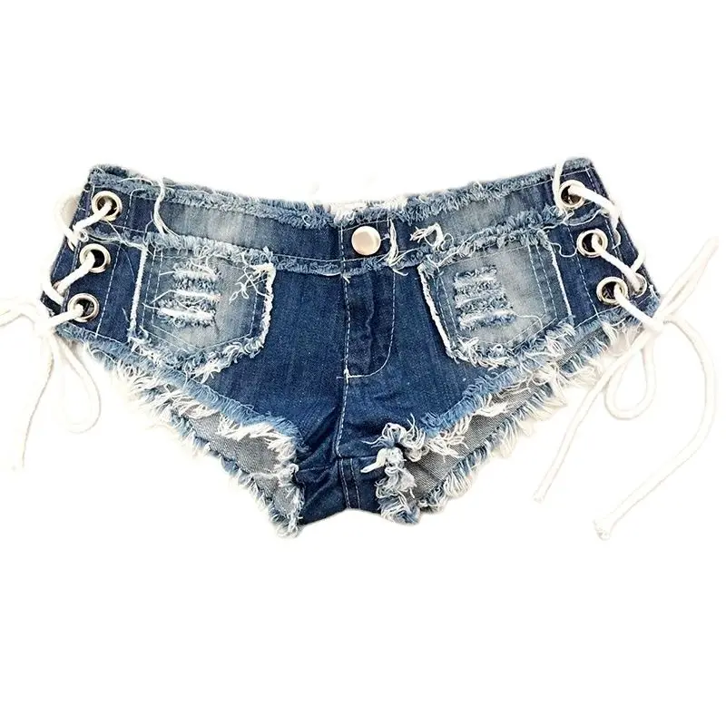 Beachwear Sexy Denim Booty Shorts Lace Up Bandage Tassel Hole Micro Mini Macrame Short Jean Bikini Thong Beach Tanga Hot Pants | Женская