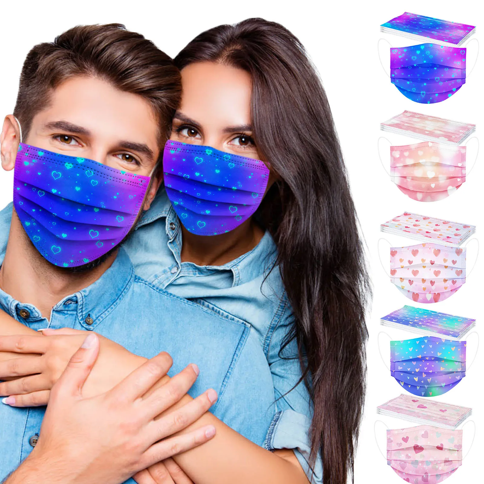 

50pc Adult Valentine's Day Disposable Face Mask Nonwove 3ply Masks Couples Breathable Filter Pm2.5 Mask Earloop Bandage 2022
