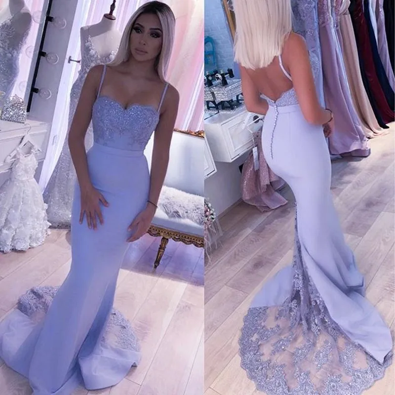 

New Mermaid Evening Dresses 2021 Lilac Lace Straps Beaded Appliques Prom Party Gowns Plus Size Customed Robe De Soriee