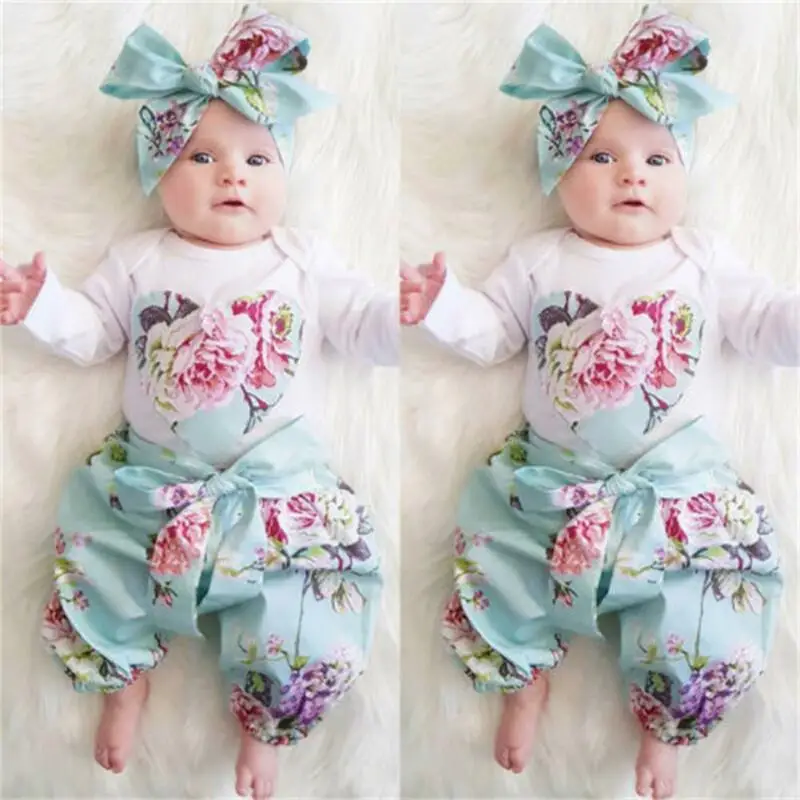 

Newborn Kids Baby Girl Floral Clothes Romper Jumpsuit Pants Headband 3Pcs Outfit